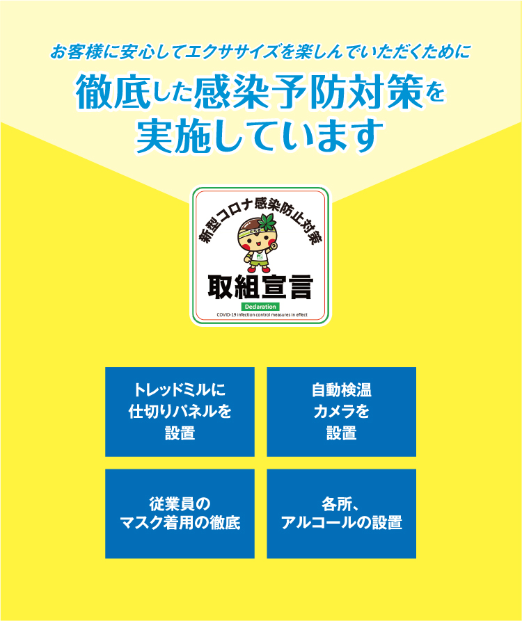 お客様に安心してエクササイズを楽しんでいただくために徹底した感染予防対策を実施しています　全スタッフ抗原検査実施
